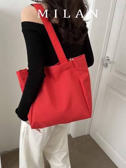 Dopamine Canvas Tote Bag, Thick & Large Capacity For School, Commute, Shopping, Versatile Shoulder Bag, Solid Color Wholesale