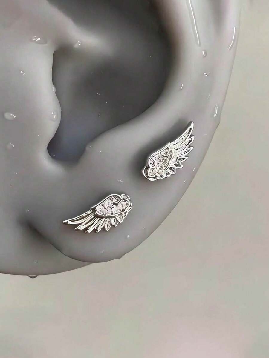 Bông tai thép titan hình cánh chim bằng bạc đính đá Zirconia thời trang, trang sức cao cấp dành cho nữ, thiết kế hình học lấp lánh, có thể cá nhân hóa để xỏ nhiều lỗ tai, thích hợp làm quà tặng. - Bạc - Xem 1