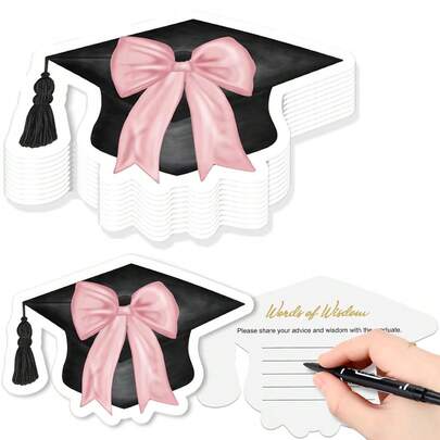 Thiệp gợi ý mũ tốt nghiệp năm 2026, thiệp hai mặt hình mũ tốt nghiệp, quà tặng trò chơi tiệc tốt nghiệp trung học hoặc đại học (nơ hồng)