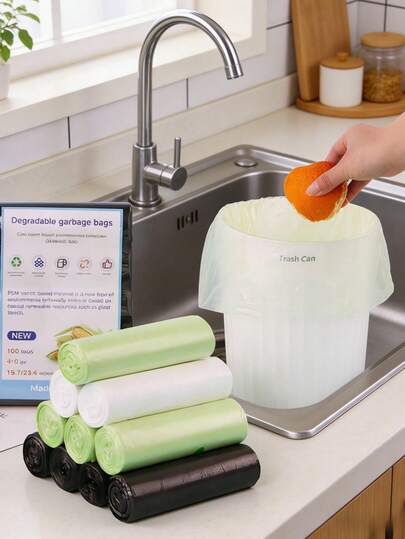 Cornstarch-Based Garbage Bags With Thickened And Leak-Proof Design. Suitable For Cars, Offices, Pet Waste Cleanup, As Well As Bathrooms, Bedrooms, Living Rooms, Kitchens And Restrooms. Garbage Bags