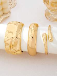 3pcs/Set Minimalist Geometric Hammered Asymmetrical Teardrop Thick Bangle Bracelet Set, Gold Tone, Suitable For Women, Solid Metal & Zinc Alloy Material - Yellow Gold - View 5
