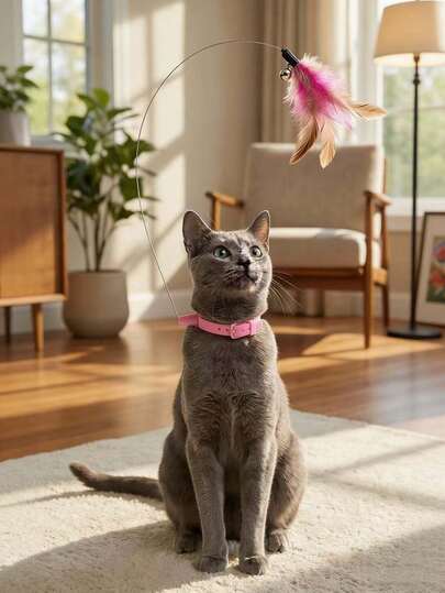 1件粉色项圈式羽毛逗猫玩具，适合猫咪佩戴，用于自我娱乐和缓解无聊。室内互动猫玩具，适合中小型猫咪。懒猫逗猫玩具，无需电池。猫咪用品