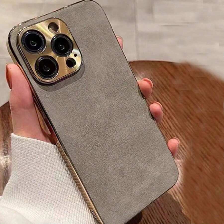 Ốp điện thoại da cừu giả da PU phong cách retro New Business Overseas, tương thích với Samsung S22/23/24/25, tương thích với iPhone 11/12/13/14/15/16/17 Pro/Pro Max, ốp bảo vệ toàn diện bằng kim loại mạ điện sang trọng. - Màu Khaki - Xem 1
