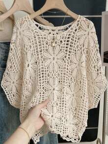 JIANHU Khăn choàng ren móc mùa hè dành cho nữ, kiểu dáng Bohemian với họa tiết hoa rỗng, thích hợp cho kỳ nghỉ biển và các lễ hội âm nhạc | Áo lót nhẹ thoáng khí, quà tặng Ngày của Mẹ. - Màu be - Xem 1