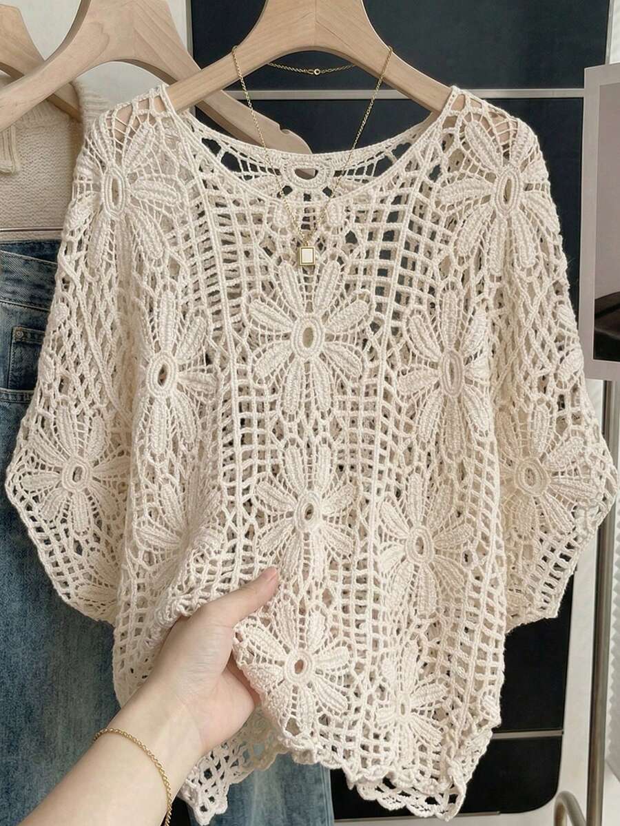 JIANHU Khăn choàng ren móc mùa hè dành cho nữ, kiểu dáng Bohemian với họa tiết hoa rỗng, thích hợp cho kỳ nghỉ biển và các lễ hội âm nhạc | Áo lót nhẹ thoáng khí, quà tặng Ngày của Mẹ. - Màu be - Xem 1