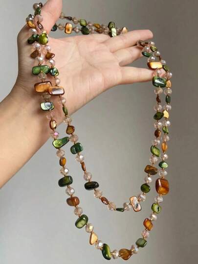 1 chiếc vòng cổ cổ điển, kiểu Bohemian, đính hạt vỏ sò nhiều màu sắc, vòng cổ dài sang trọng phong cách retro cho các lễ hội, có thể đeo nhiều lớp, nhiều loại đá quý và ngọc trai với nhiều hình dạng khác nhau.
