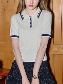Áo dệt kim tay ngắn cổ polo phối màu tương phản, phong cách tối giản thường ngày dành cho nữ, thích hợp cho mùa hè. - Màu be - Xem 4