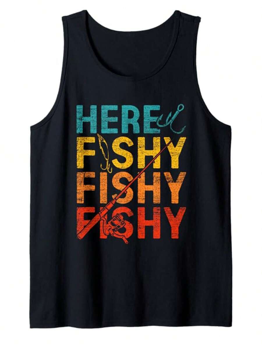 Fishing Print Tank Tops - Loose Fit Sleeveless Shirt With Fish & Rod/Line Graphics, Casual Outdoor Summer Clothing For Anglers, All-Season Wear Men's Casual Sleeveless Tank Top - Perfect For Everyday Wear And Summer Holidays, Ideal For Father's Day, BBQs, And Vacation - Black - View 1