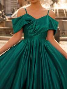 优雅露肩A字型蕾丝缎面舞会礼服伴娘婚礼晚礼服 - 綠色 - 查看 4