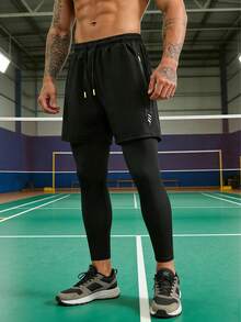 Men's Summer Casual Sports Pants 2-In-1, Drawstring Waist Design, Zipper Pockets On Legs, Lightning Print Pattern, Suitable For Loose Daily Wear - Black - View 9