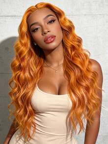 VIOLLY 耳到耳免分缝13X4高清透明蕾丝前额假发，水波纹巴西发，自然发际线，婴儿毛，预先拔毛，预先漂白，#350姜橙色混纺真人发假发，适合女性日常或派对佩戴。 - S350 - 查看 7