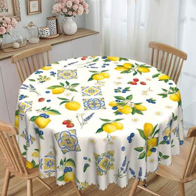 1pc Spring/Summer Theme Party Tablecloth, Mediterranean Style Lemon Tile Patchwork, Multiple Sizes Available, Lemon Pattern Design, Vintage Countryside Style, Suitable For Home, Kitchen, Wedding, Party, Dining Table, Outdoor Events, Gifts. Easy-To-Clean Polyester Fabric
