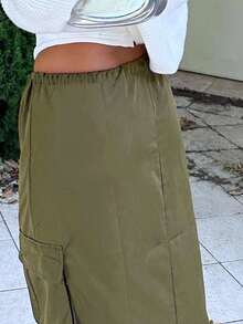 GILIPUR Chân váy cargo màu xanh quân đội Y2K dành cho nữ, cạp thấp, nhiều túi có dây rút, kiểu dáng thanh lịch retro thường ngày, phong cách đường phố mùa xuân. - xanh quân đội - Xem 4