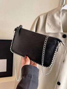 Cracked Leather Envelope Bag, New Fashion Charisma Lady's Shoulder Bag, Beaded Popular-Body Clutch, Elegant Faux Pearl Bag - 黑色 - 查看 10