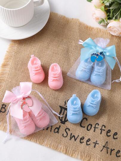 2 piezas Velas con forma de zapato de bebé mini y lindas, regalos para fiesta de baby shower, regalos para revelación de género, bolsa de organza rosa/azul con lazo y colgante con huella de pie
