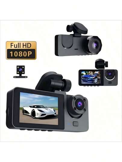 3-Lens Dash Cam With Night Vision, Three 1080P Front & Built-In Cameras, Wide Angle Car DVR, 2.0" IPS Screen, 24-Hour Motion Detection Parking Mode, Memory Card Loop Recording, 150mAh Battery Capacity