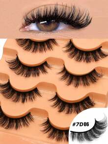 5 Pairs Fluffy Cartoon Style False Eyelashes, Natural Cat Eye Design, Faux Mink, Makeup Tools (7D06), Strip Lashes - Black - View 2