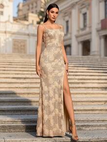 Đầm dạ hội hai dây, đính sequin hoa 3D, xẻ tà cao, thích hợp cho khách dự đám cưới, lễ tốt nghiệp, tiệc tối trang trọng, kỳ nghỉ xuân. - Hoa hồng vàng - Xem 8
