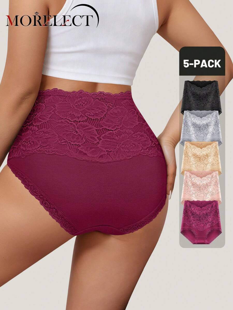 Morelect 5pcs/Pack Women Plus Size High Waist Tummy Control Cotton Briefs, Lace Patchwork, Full Coverage, Jacquard Pattern