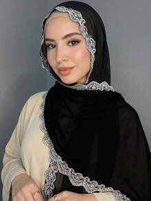 1件装女士纯色刺绣蕾丝棉布头巾，花卉刺绣雪纺围巾披肩，柔软轻盈透气长款头巾，休闲百搭，适合日常、节日、聚会、外出等场合。 - 多色 - 查看 16