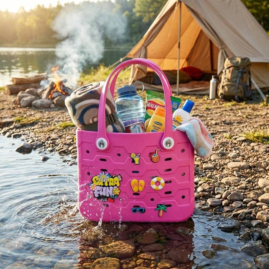 Hot Pink EVA Beach Bag XL, Waterproof Rubber Tote For Women & Men, Lightweight Sandproof Pool Boat Travel Bag, Washable Easy Clean Beach Tote With Holes - 玫紅色 - 查看 1