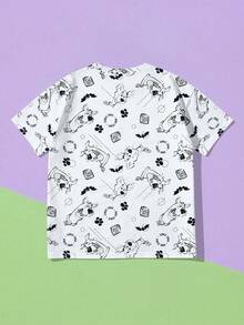 SHEIN X SCOOBY-DOO 女士卡通印花短袖上衣和短裤休闲套装 - 灰色 - 查看 4