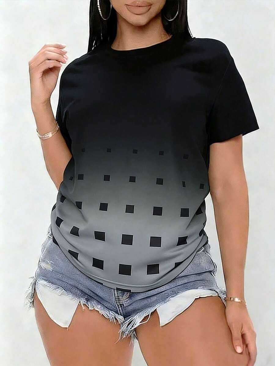 Camiseta cuadrada de mujer en degradado de negro y gris, cuello redondo, corte holgado, versátil para uso casual y diario al aire libre - Gris - Ver 1