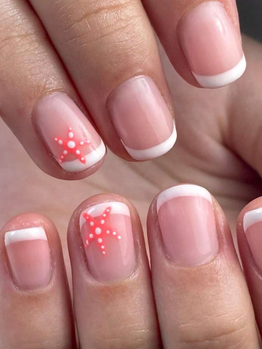 24 móng giả vuông ngắn kiểu Pháp với họa tiết đại dương vui tươi, lý tưởng cho mùa hè hoặc kỳ nghỉ, móng giả dán có thể tháo rời, bao gồm 1 gel dán và 1 dũa móng. Thích hợp cho nữ và bé gái sử dụng hàng ngày, dự tiệc, kỳ nghỉ, v.v. Móng giả dán. - Nhiều màu - Xem 1