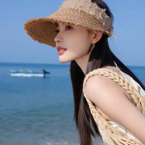 1顶女士草编遮阳帽，宽檐法式简约遮阳帽，透气敞顶帽，轻便防晒帽，适合海滩旅行，夏季必备