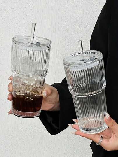 Bộ 1 cốc thủy tinh sọc dọc tối giản, di động, có nắp và ống hút, có thể tái sử dụng, đa chức năng, thích hợp dùng ở nhà/văn phòng/bãi biển/tiệc tùng, uống cà phê, trà, whisky, latte. Món quà lý tưởng cho năm mới/Ngày Valentine/Sinh nhật.