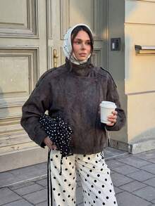 女士休闲麂皮夹克，长袖立领，拉链口袋，复古时尚，高街新款，春季新款 - 灰色 - 查看 2