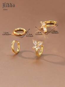 Hihho 2 Sets Of Exquisite And Unique Shiny Earring Sets, Featuring Various Designs Such As Plain Hoops, Butterflies, Flower Clusters, And Chains. Versatile Jewelry Earrings Suitable For Daily Commute Or Vacation - Yellow Gold - View 10