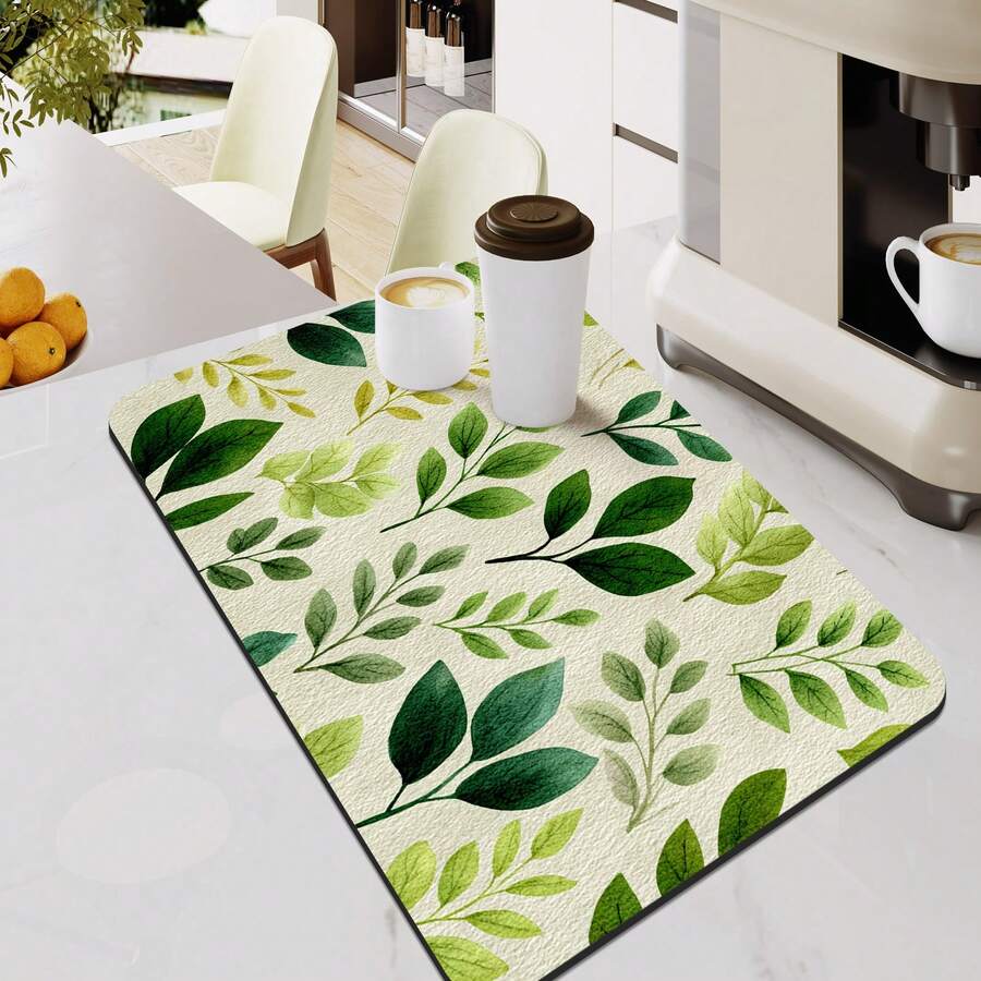 Leaf Printed Heat Insulation Cup Mat, Rubber Bottom Absorbent Non-Slip Kitchen Countertop Draining Mat, Quick Dry - Mustard Yellow - View 1