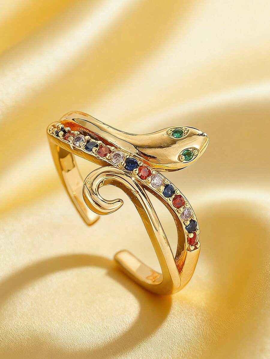 1. Nhẫn Zirconia kiểu Âu và Mỹ, mạ vàng đồng, khảm đá Zirconia nhiều màu sắc, thiết kế hình rắn. - Vàng - Xem 1