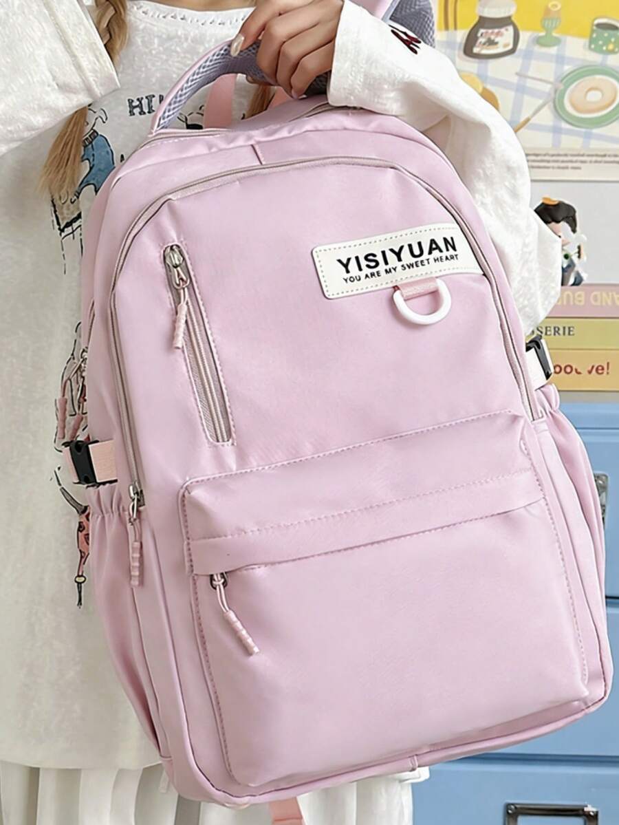 Matte Solid Color Fabric Label Backpack With Thick Cushioned Breathable Shoulder Straps, Multi-Compartment Layered Storage, Versatile - Multicolor - View 1