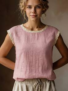 Áo thun ngắn tay bằng vải lanh kiểu cổ điển dành cho nữ, áo thun cổ tròn dáng rộng thoáng khí phối ren, thích hợp cho kỳ nghỉ hè. - Phấn phủ cho bé gái - Xem 5