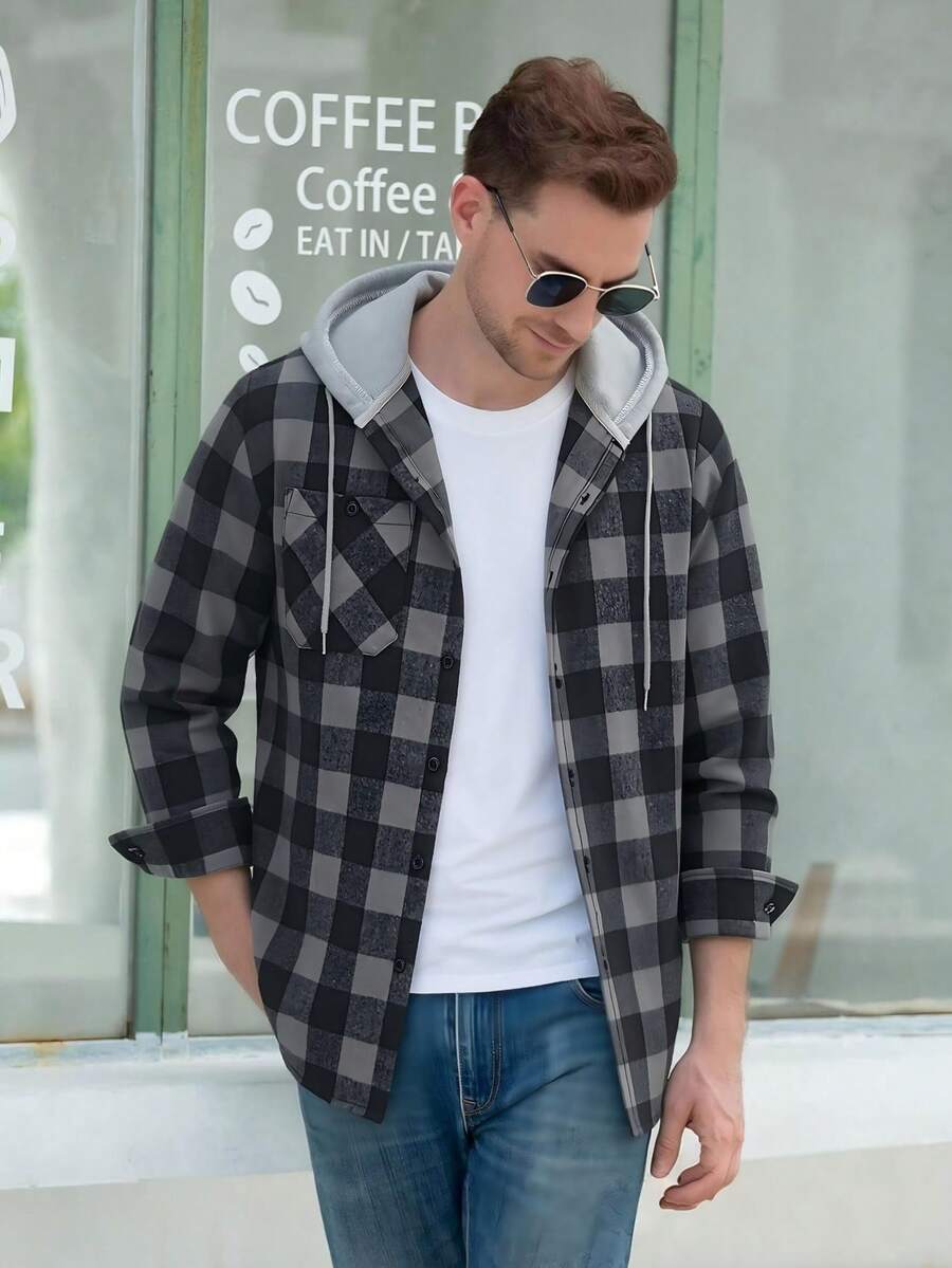 Mens Flannel Hoodie Shirts Long Sleeve Casual Plaid Jackets - trắng - Xem 1