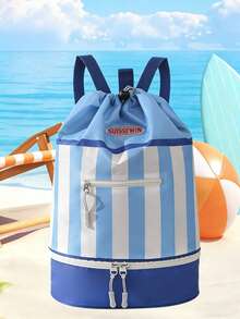 Unisex All-In-One Wet And Dry Separation Swim Bag With Adjustable Shoulder Straps, Colorful Striped Drawstring Backpack, Suitable For Beach, Pool And Hiking, Portable Sports Travel Storage Bag, Practical Pockets, Swim Bag, Poolside Accessory. - Multicolor - View 10