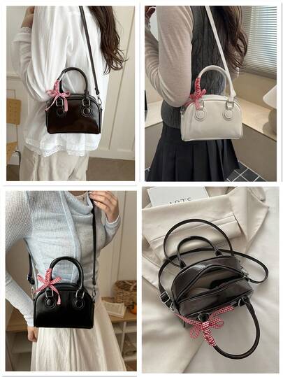 1个迷你纯色刺绣丝带蝴蝶结拉链马鞍包、手提包和单肩包