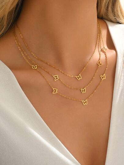1pc Fashionable Stainless Steel Butterfly Pendant Necklace, Elegant Multilayer Design Necklace, Suitable For Women Daily Wear Or Gift-Giving, Sexy Collarbone Chain Accessory