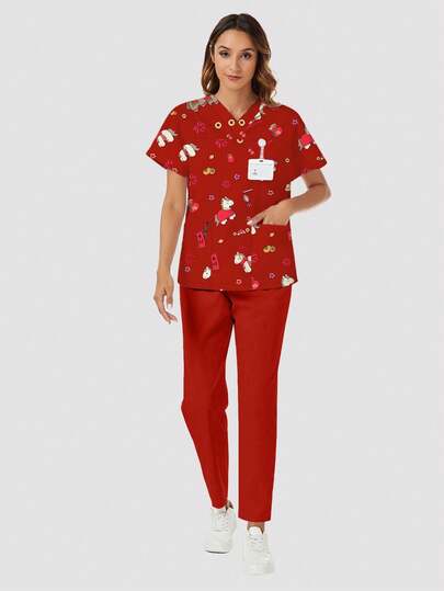 cimmuovere 2pcs Women Cartoon Pocket Top And Pants Scrubs Set, Nurse Uniform, Workwear For Dentist, Healthcare, Pet Hospital, Laboratory, XS To Plus Size