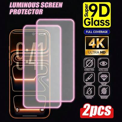 2片装（夜光）手机屏幕保护膜，防震，采用高铝玻璃材质，超清晰，白天隐形，夜晚发光，适用于 17 Pro Max/17 Pro/16 Pro Max/16 Pro/16 Plus/16 Pro Max/16/15 Pro Max/15/14 Pro Max/14/13/12/11系列。安装简便，时尚手机配件。