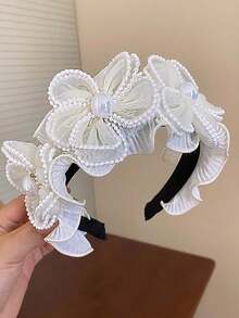 1pc Fabric Pearl Flower Headband - White - View 3