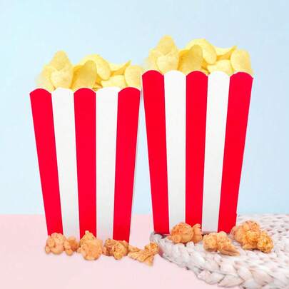 10pcs/20pcs/50pcs Red & White Striped Popcorn Boxes - Disposable Paper Snack Containers For Popcorn, Chips, Candy, Cookies, Party Supplies, Sturdy , Perfect For Movie Nights, Birthday Parties, Carnivals & Theater Events