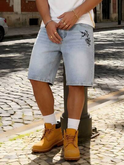 男士极简个性化印花牛仔短裤，休闲街头水洗复古牛仔百慕大短裤，夏季时尚百慕大短裤