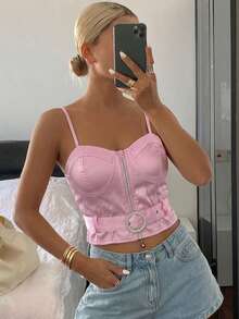 Top de tirantes para mujer ligero casual unicolor de moda con cinturón decorativo y lindos detalles en pedrería sexy para uso diario - Rosa - Ver 1
