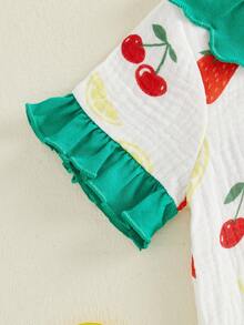 Mono de bebé niña de manga corta con cuello de muñeca, estampado de frutas y lazos, y volantes decorativos. - Verde - Ver 8