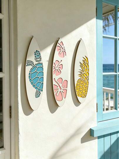 サーフボード 壁飾り 3枚セット、熱帯ビーチテーマウォールアート、サーフボード型ウォールハンギング、オーシャン シーショア テーマ ウミガメ パイナップル ハイビスカス柄、コースタルホームデコレーション リビング寝室用、ボヘミアンビーチハウス装飾、夏の海辺の壁アート、ホリデーハウスデコレーション、室内外のポーチ ガーデン装飾