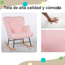 Silla Mecedora para Salón, 450 Libras, con Patas de Madera y Estructura de Hierro de Alta Calidad, Relleno de Espuma de Alta Resiliencia, Silla cómoda con Tapizada en Felpa Teddy, Asiento y Respaldo Acolchados, Elegante y Cómoda, Ideal para Sala de Estar, Recámara, Guardería - Rosa - Ver 6
