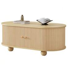 Oval Coffee Table With Storage Space And Sliding Doors, Multifunctional Space-Saving Furniture In Wood Colors. - Natural Color - View 11